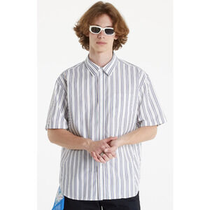 Palmes Men's Short Sleeve Striped‎ Button Down Camp Shirt Blue White Tan Pocket